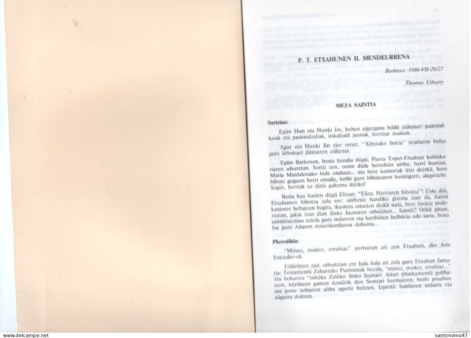 LIVRE . PAYS BASQUE . EUSKERA . " P.T. ETXAHUNEN II. MENDEURRENA " . THOMAS UTHURRY - Réf. N°368F - - Pays Basque