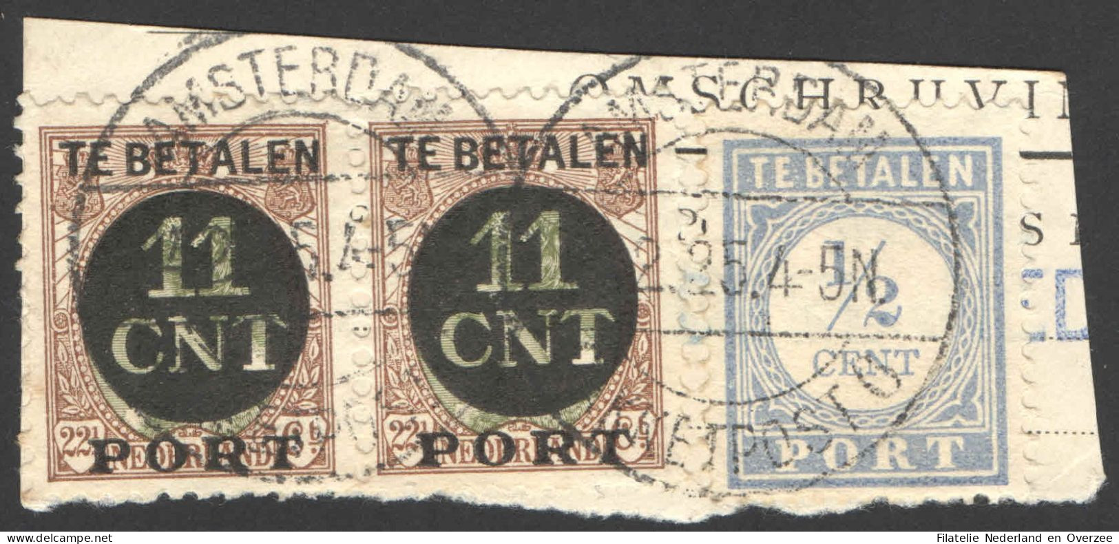 Nederland 1924 Postpakket-verrekenzegel 1 (2x) Gestempeld/used Briefstukje Met Port 44 (Stempel!!) - Otros & Sin Clasificación