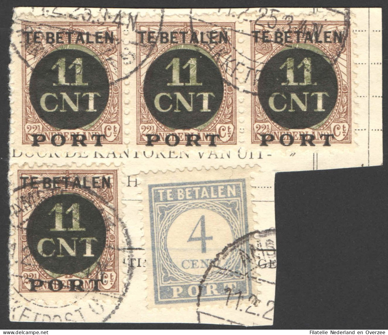 Nederland 1924 Postpakket-verrekenzegel 1 (4x) Gestempeld/used Briefstukje Met Port 49, Verschoven Opdruk Port! - Autres & Non Classés