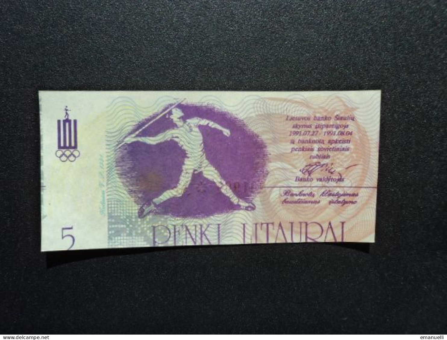 LITHUANIE * : LIETUVOS BANKO SIAULUU SKRYRIAUS BANKNOTAS : 5 LITAURAL   27-4-1991   SPL - Lituanie