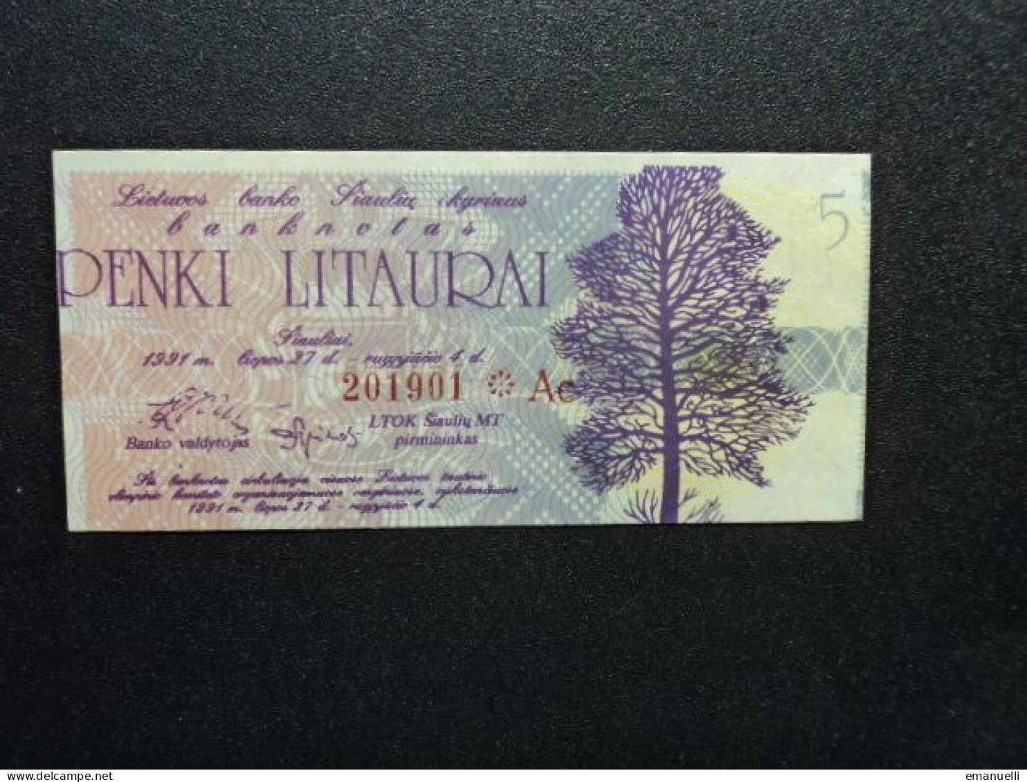 LITHUANIE * : LIETUVOS BANKO SIAULUU SKRYRIAUS BANKNOTAS : 5 LITAURAL   27-4-1991   SPL - Litauen