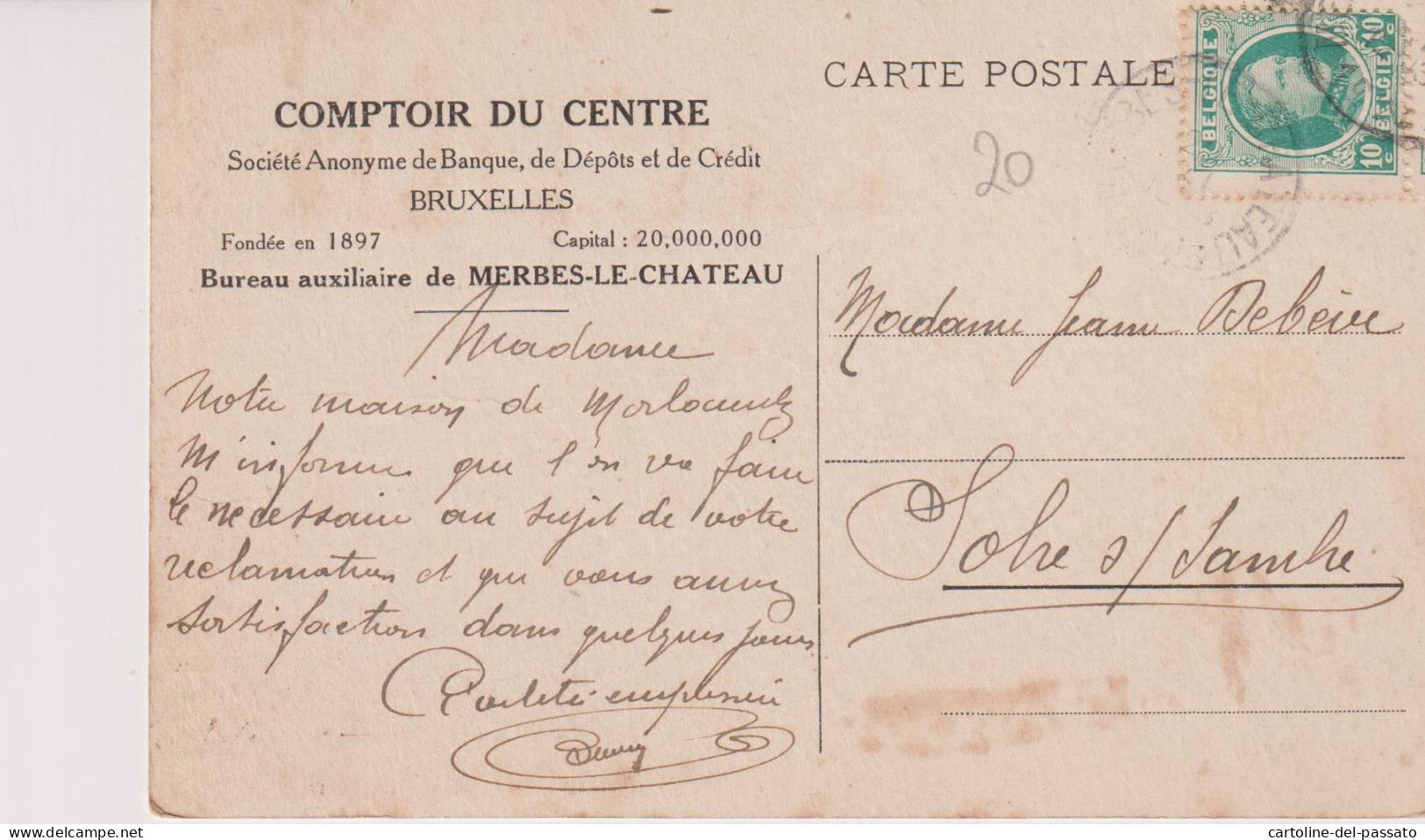 MERBES-LE-CHATEAU : COMPTOIR DU CENTRE BUREAU AUXILIAIRE (S.A.DE BANQUE DE DEPOTS ET DE CREDIT BXL) - Merbes-le-Chateau