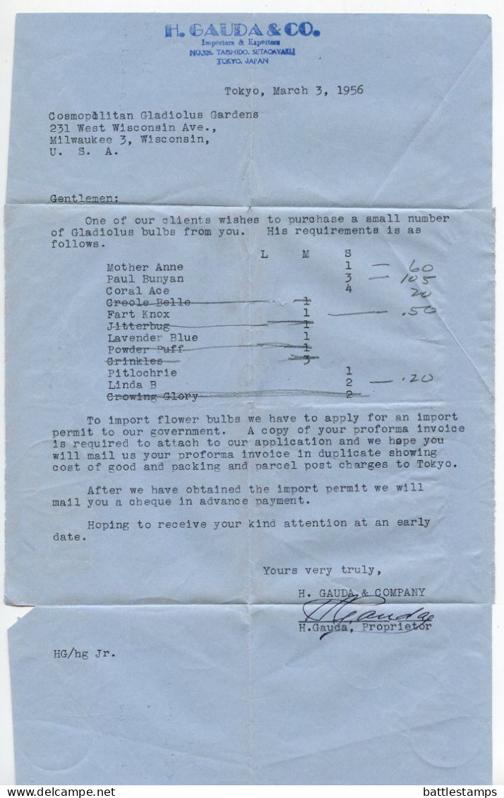 Japan 1956 45y Bird Aerogramme; Setagaya, Tokyo, H. Gauda & Co. To Milwaukee, Wisconsin - Cosmopolitan Gladiolus Gardens - Aérogrammes