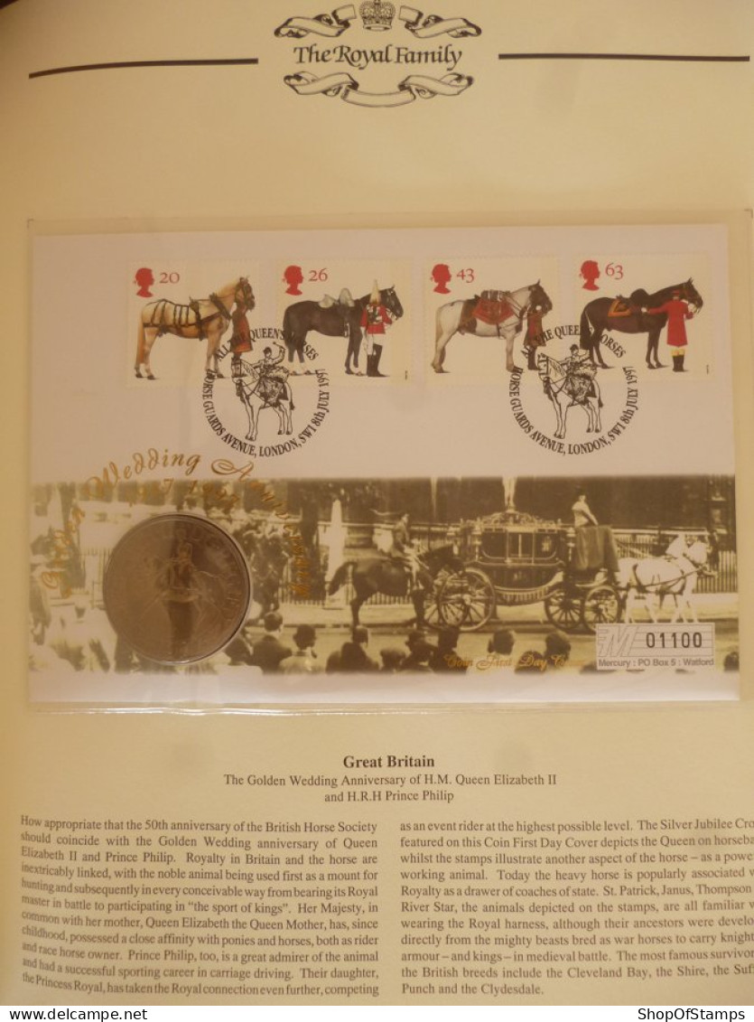 GREAT BRITAIN SG 1989-92 QUEEN ELIZABETH GOLDEN WEDDING COIN /  QUEENS'S HORSES HORSE GUARDS AVENUE FDC - Otros & Sin Clasificación