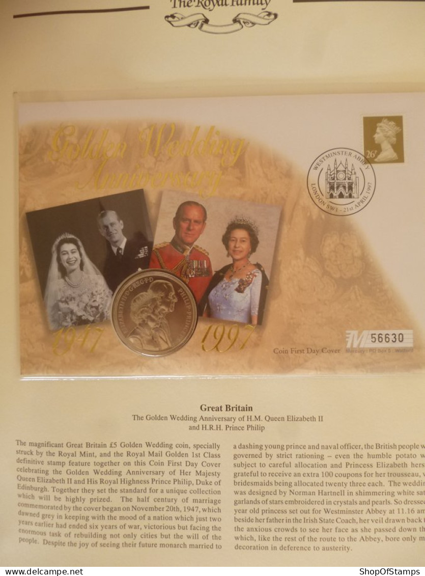 GREAT BRITAIN QUEEN ELIZABETH GOLDEN WEDDING 1947-1997 COIN / STAMPS FDC WESTMINSTER ABBEY CANCELLATION - Otros & Sin Clasificación