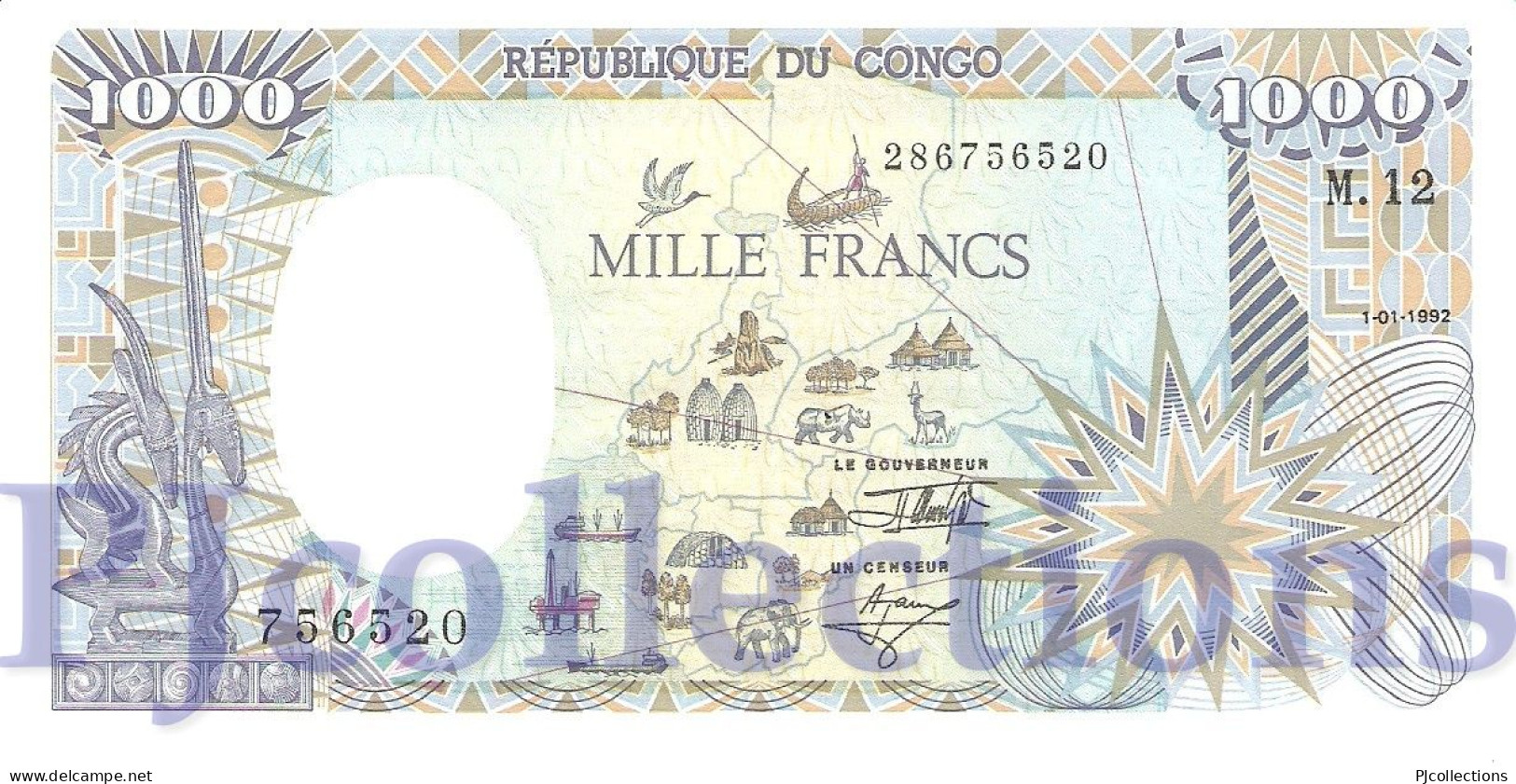 CONGO REPUBLIC 1000 FRANCS 1992 PICK 11 AUNC - Repubblica Del Congo (Congo-Brazzaville)