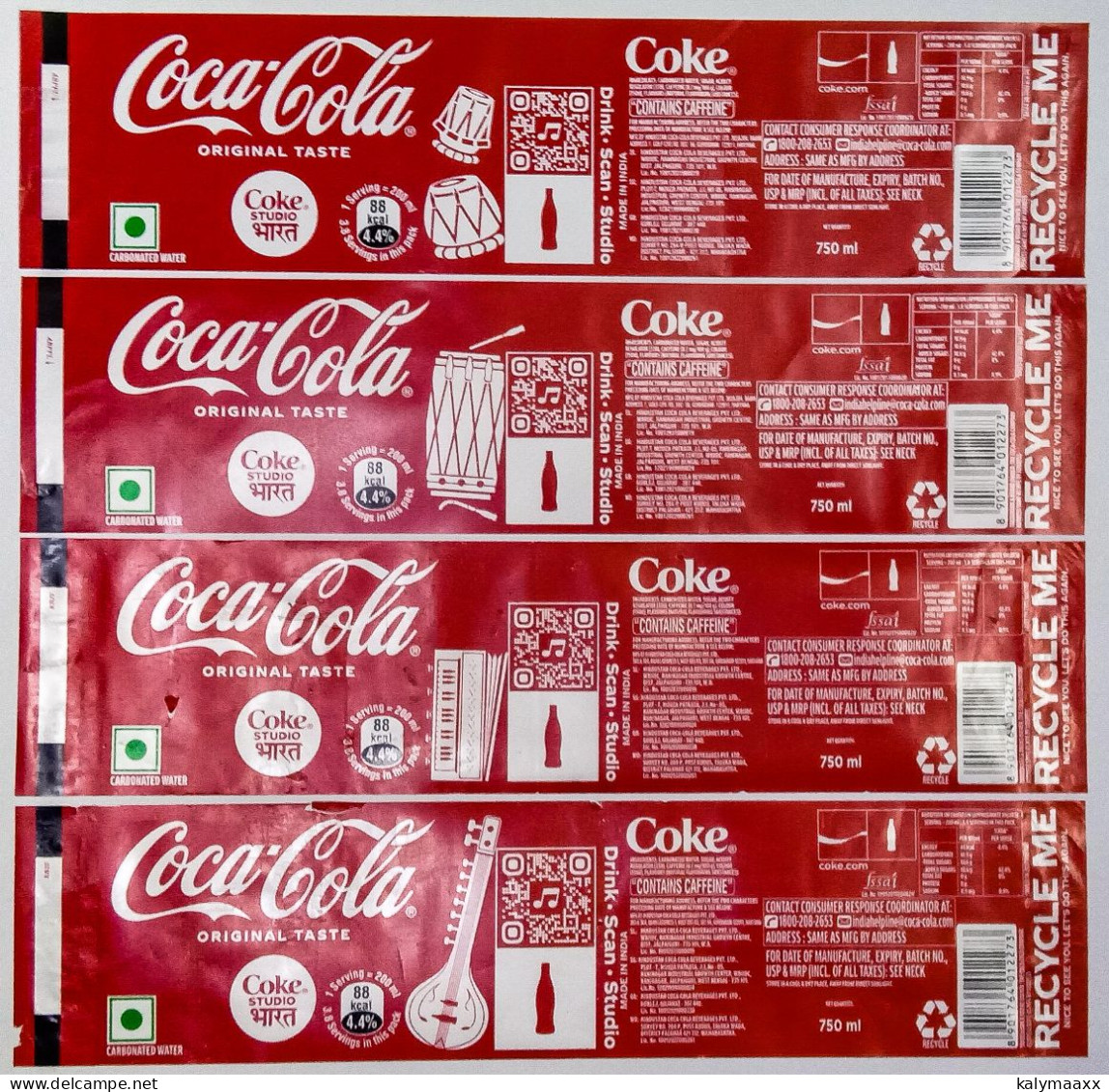 COCA COLA INDIA 4 DIFFERENT 750ml BOTTLE LEBEL WITH MUSICAL INSTRUMENTS, COKE STUDIO QR CODE - Other & Unclassified