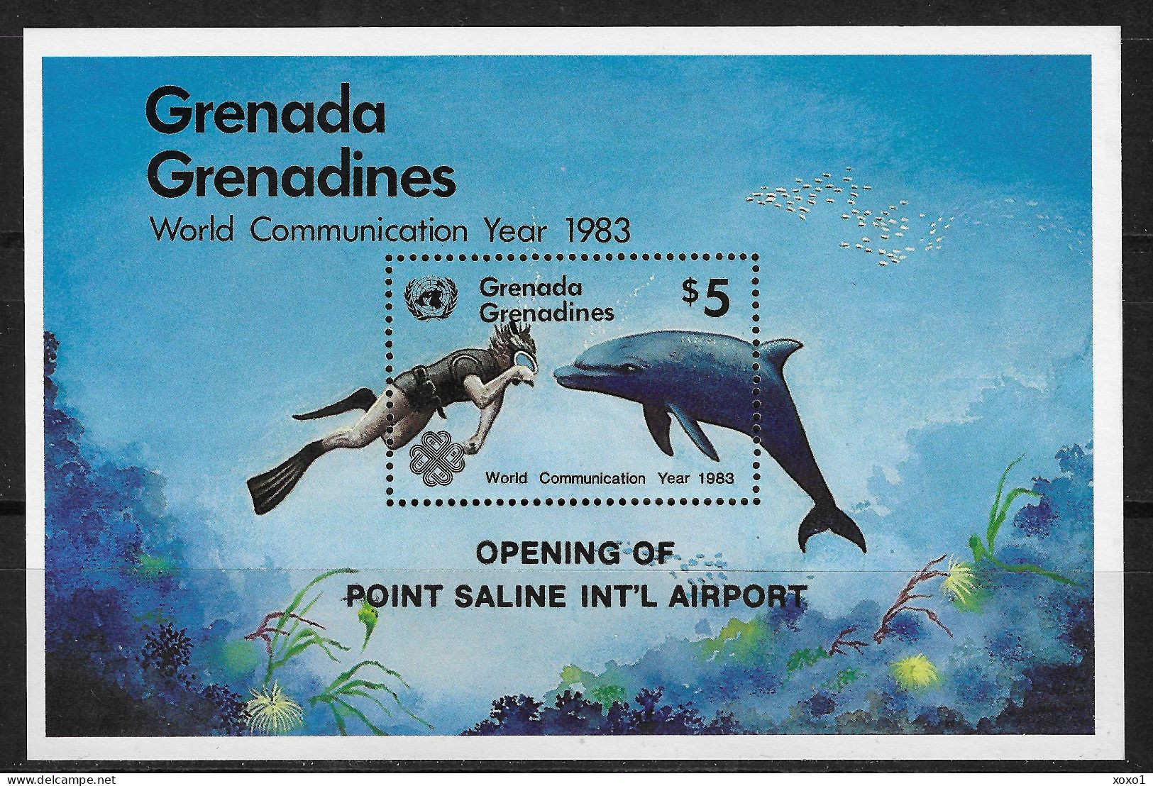 Grenada Grenadines 1984 MiNr. Block 88  Marine Life, Dolphins, Diver, Point Saline Airport Overprint S/sh MNH ** 4.50 € - Dauphins