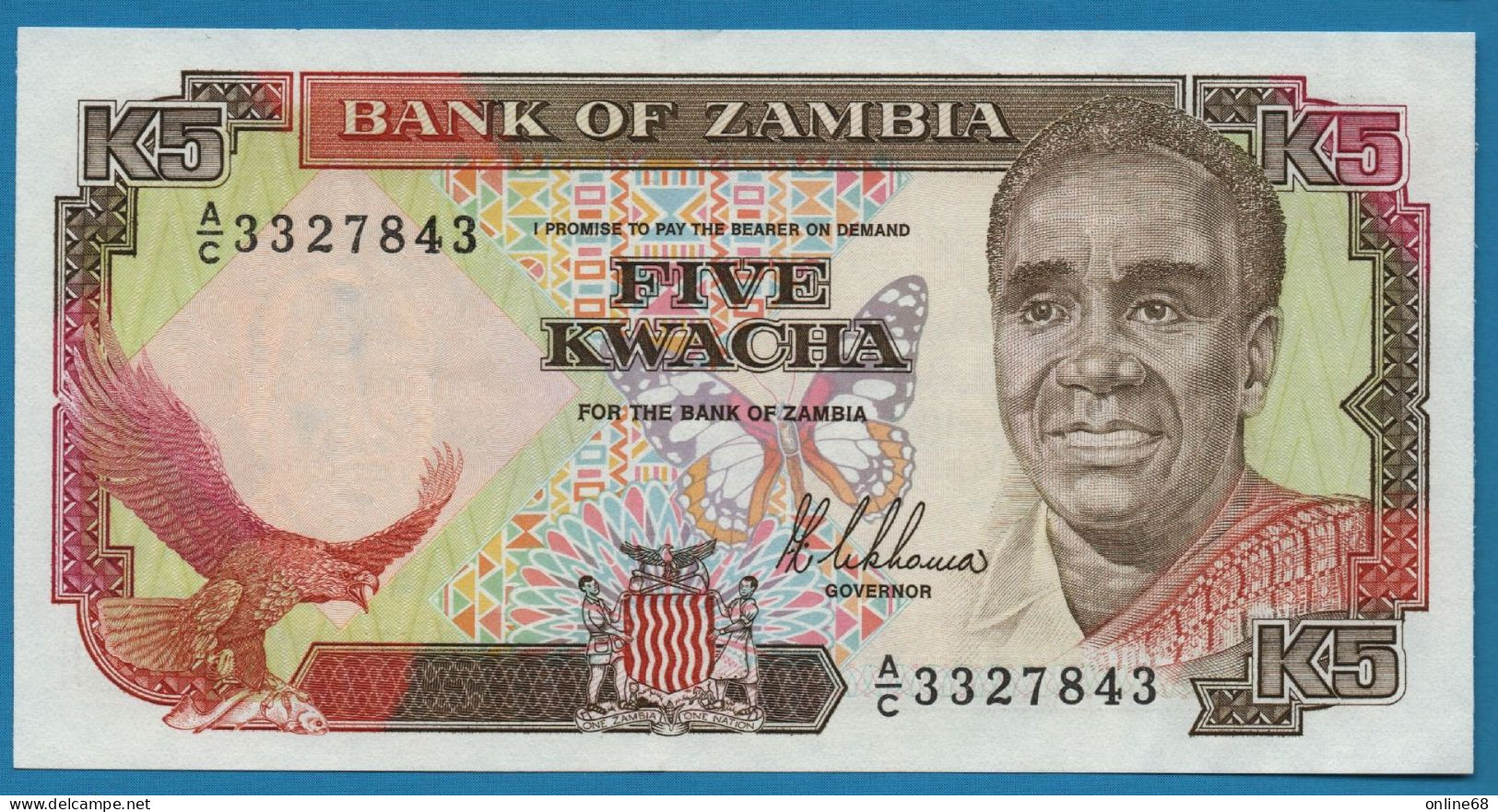 ZAMBIA 5 KWACHA ND (1989) # A/C3327843 P# 30 Fish Eagle  President Kenneth Kaunda - Zambie