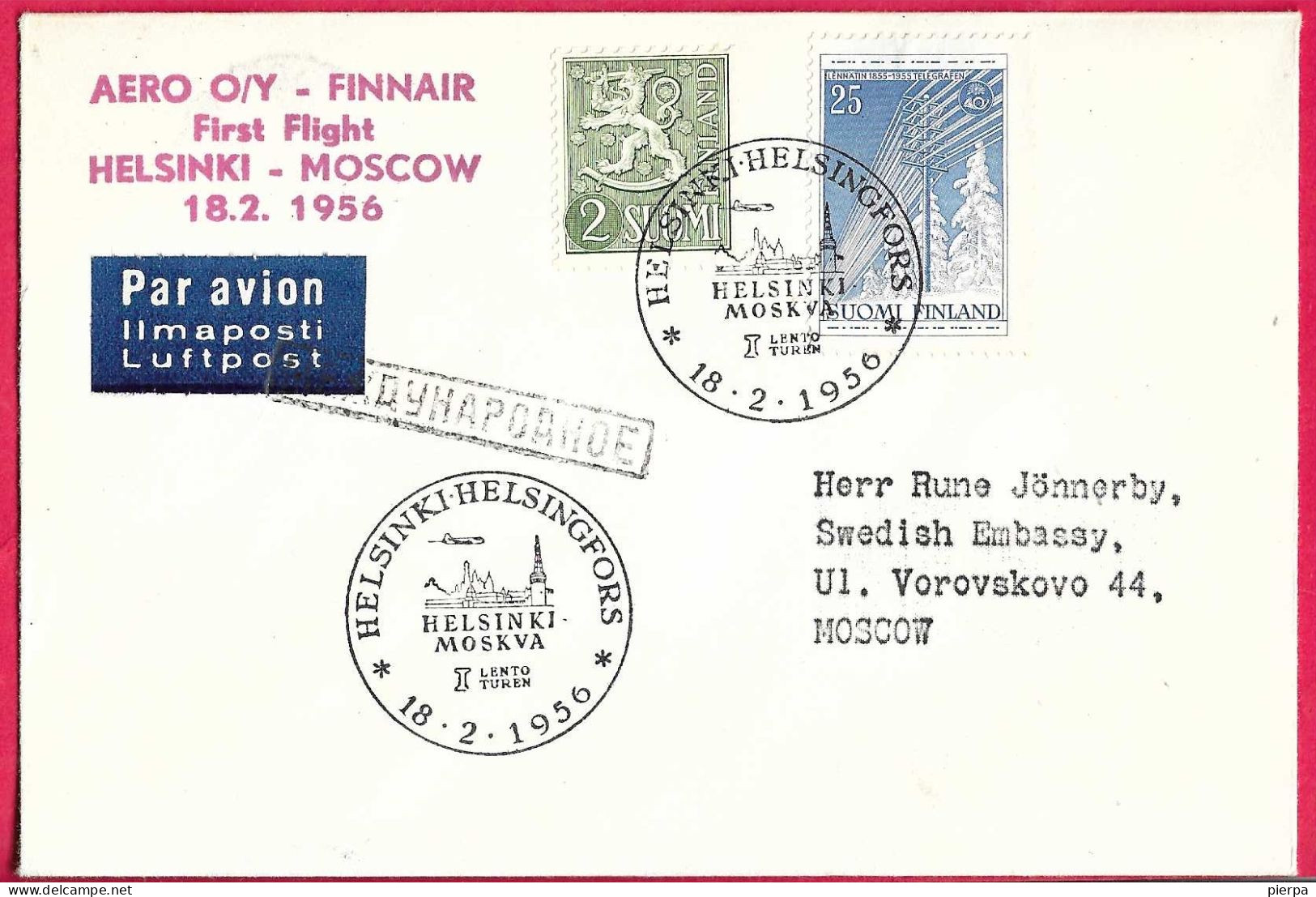 FINLAND - FIRST JET FLIGHT FINNAIR  FROM HELSINKI TO MOSKOW * 18.2.1956* ON OFFICIAL ENVELOPE - Covers & Documents