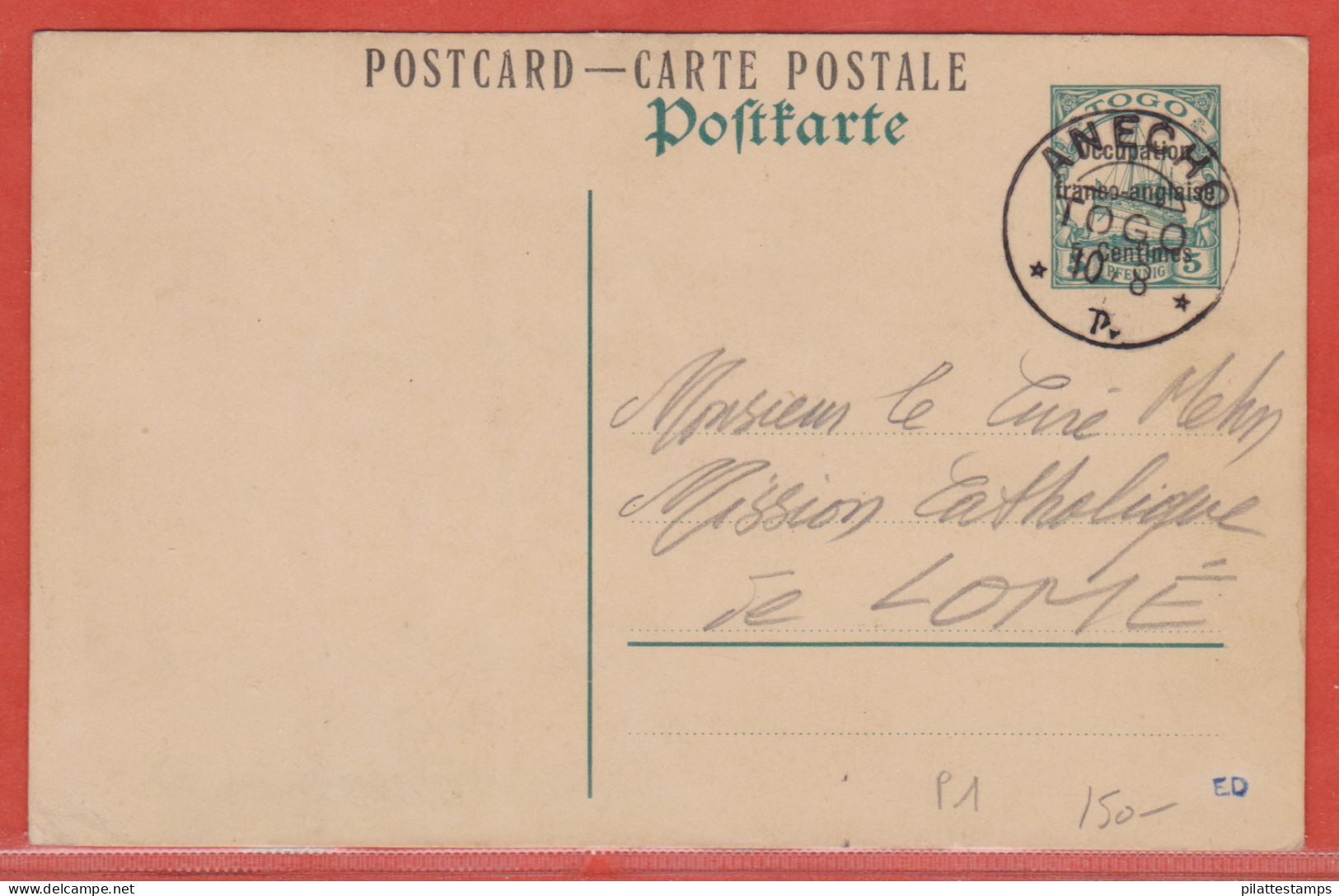 TOGO OCCUPATION FRANCO-ANGLAISE ENTIER POSTAL P1 (MICHEL) DE ANECHO - Lettres & Documents