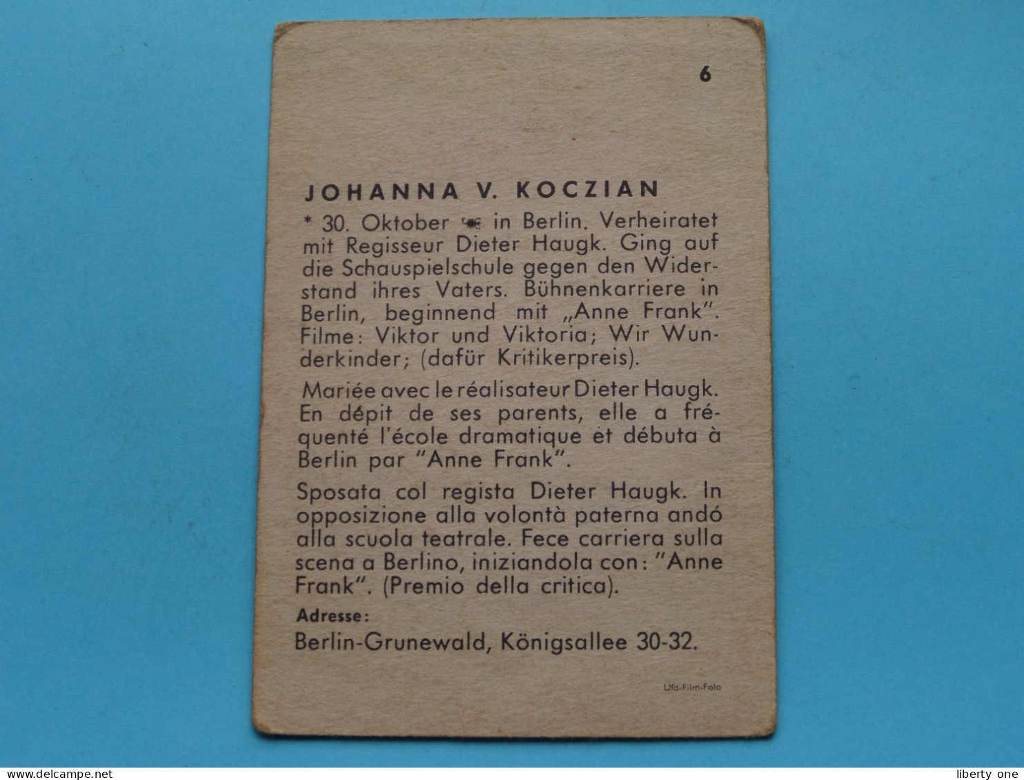 JOHANNA V. KOCZIAN ( N° 6 ) Ufa-Film-Foto / Berlin-Grunewald ( Zie / Voir > Scans ) Film ! - Sonstige & Ohne Zuordnung