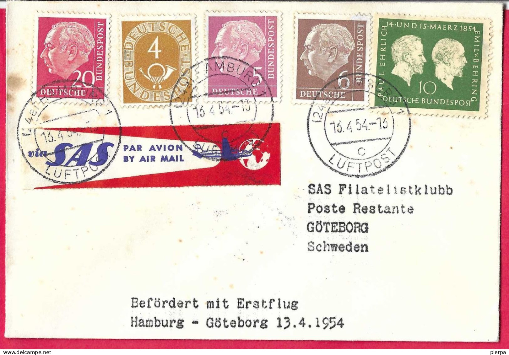 GERMANY - FIRST SAS FLIGHT FROM HAMBURG TO GOTEBORG *13.4.54* - ON OFFICIAL COVER - Erst- U. Sonderflugbriefe