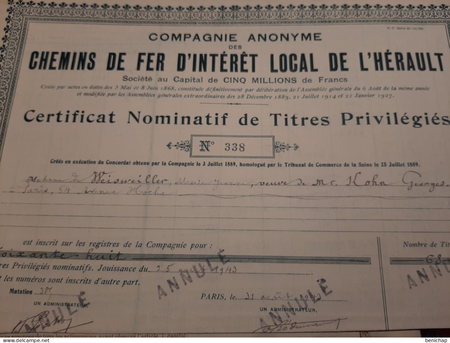 Cie Anonyme Des Chemins De Fer D'Intérêt Local De L'Hérault - Certificat Nominatif De Titres Privilégiés - Paris 1934. - Railway & Tramway