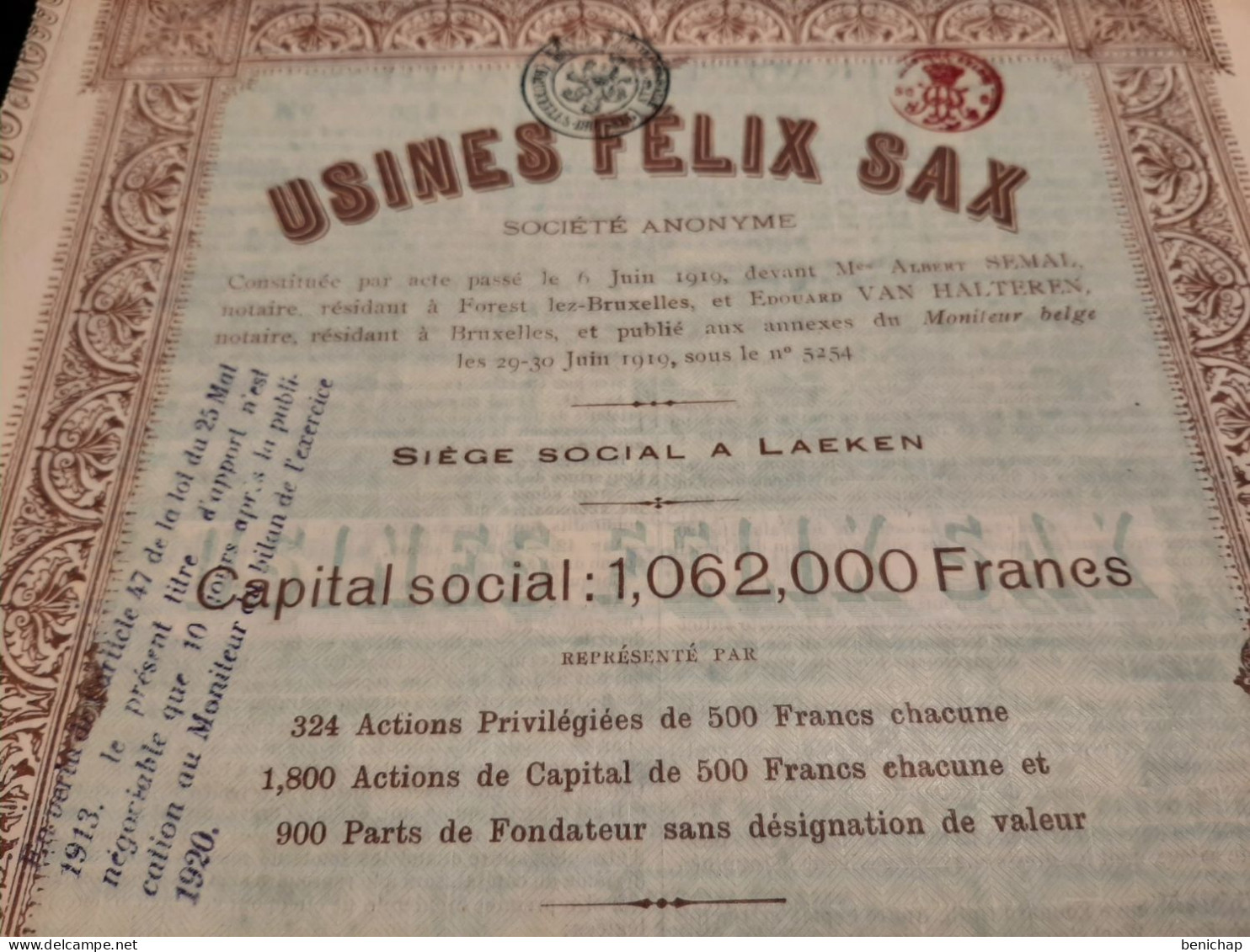 Usines Félix Sax S.A. - Part De Fondateur Au Porteur Et Sans Désignation De Valeur - Laeken 5 Juillet 1919. - Industrie