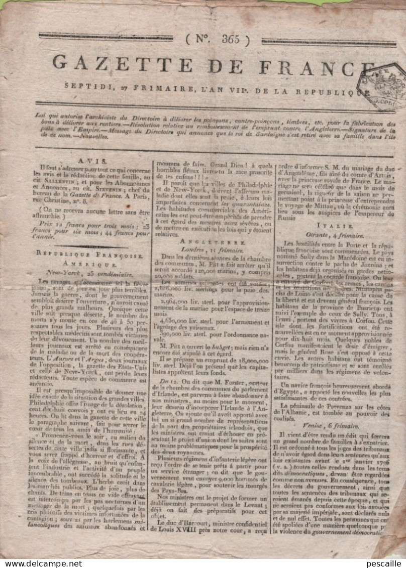 GAZETTE DE FRANCE 27 FRIMAIRE AN 7 - ETATS UNIS - IRLANDE - CORFOU - VENISE - TERNI - LUCERNE - HONDSCHOOTE - PORTUGAL - Zeitungen - Vor 1800