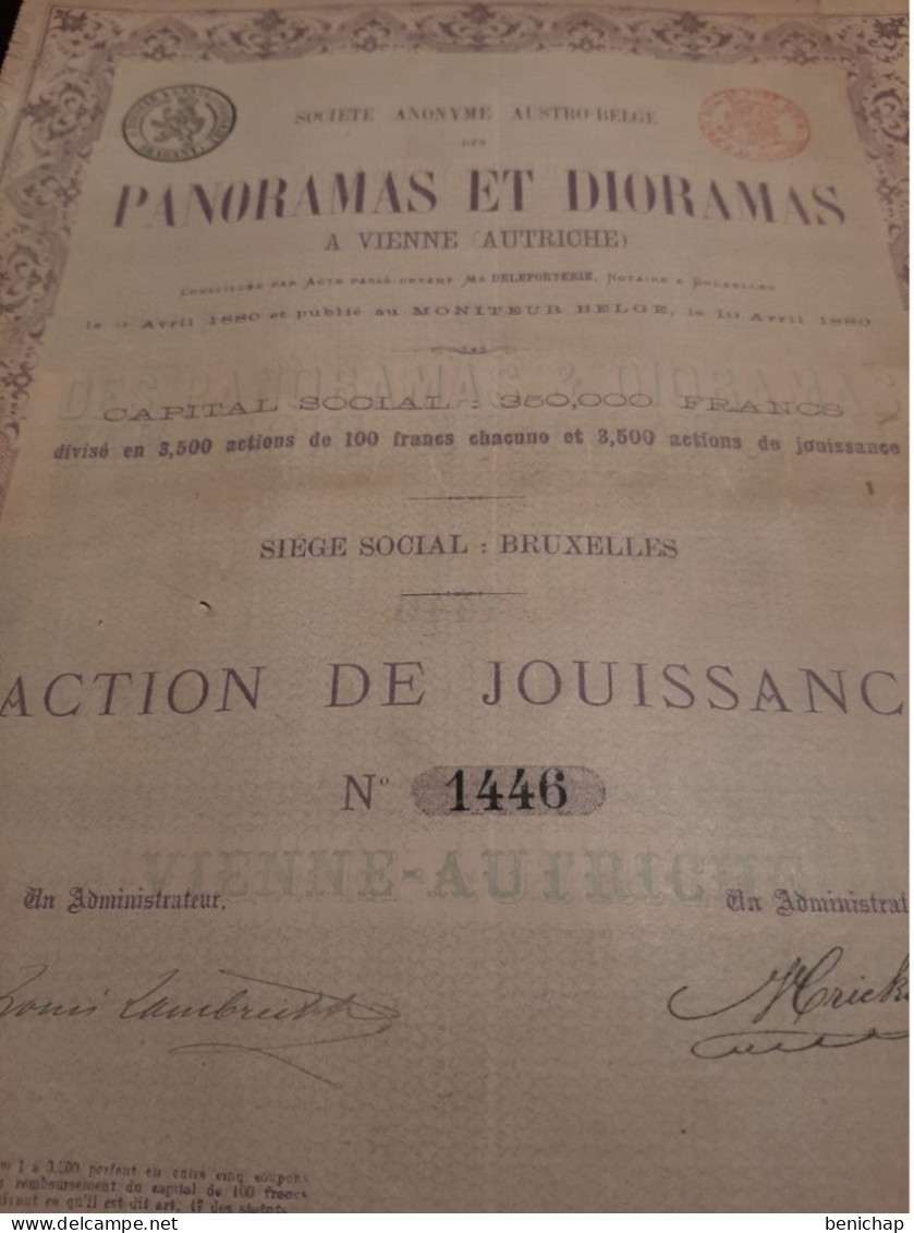 S.A. Austro - Belge Des Panoramas Et Dioramas à Vienne (Autriche) - Action De Jouissance - Vienne - Bxl 19 Avril 1888. - Tourisme