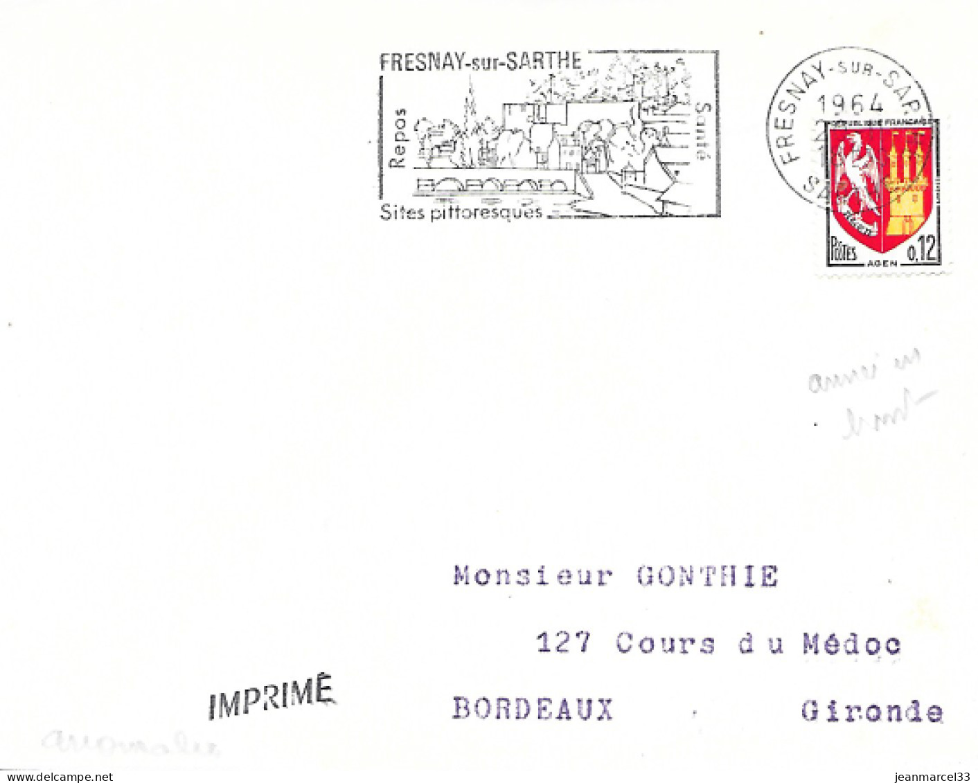 Curiosité Sur Lettre Fresnay-sur-Sarthe 1964 20-11 "anomalie Dans Le Bloc Dateur L'année 1964 Est En Haut Au Lieu Du Bas - Cartas & Documentos