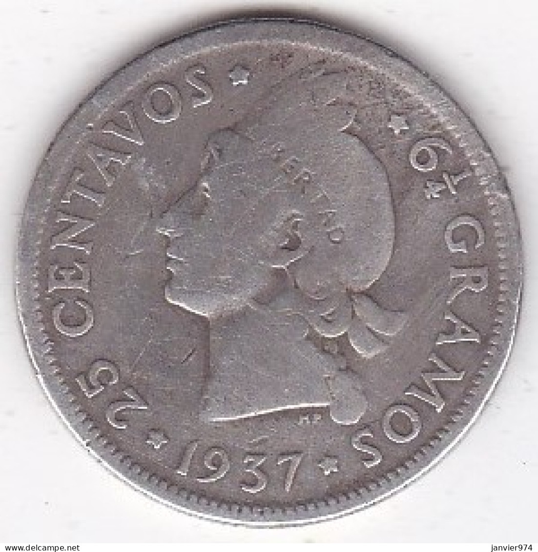 Republique Dominicaine . 25 Centavos 1937 , Argent, KM# 20 - Dominicaanse Republiek