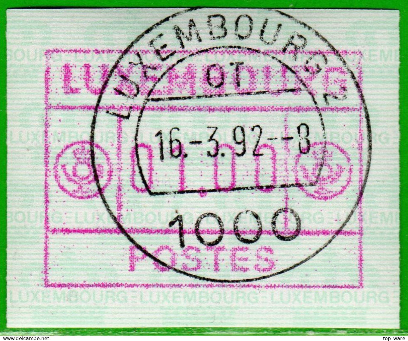 Luxemburg Luxembourg Timbres ATM 2 D Kleines Postes Rotlila / 01.00 Ersttag Tages-O 16.3.1992 / Frama Automatenmarken - Automatenmarken