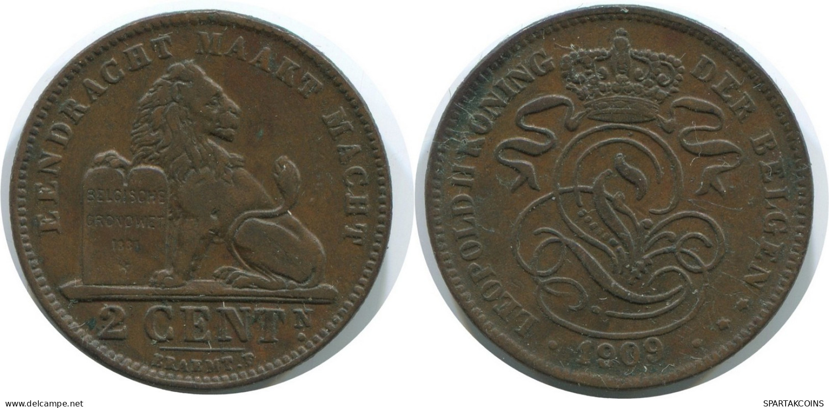 2 CENTIMES 1909 DUTCH Text BELGIEN BELGIUM Münze I #AE748.16.D - 2 Cents