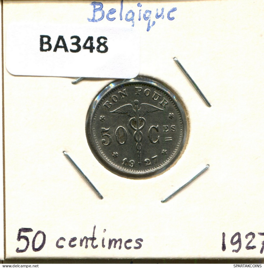 50 CENTIMES 1927 FRENCH Text BELGIQUE BELGIUM Pièce #BA348.F - 50 Cent