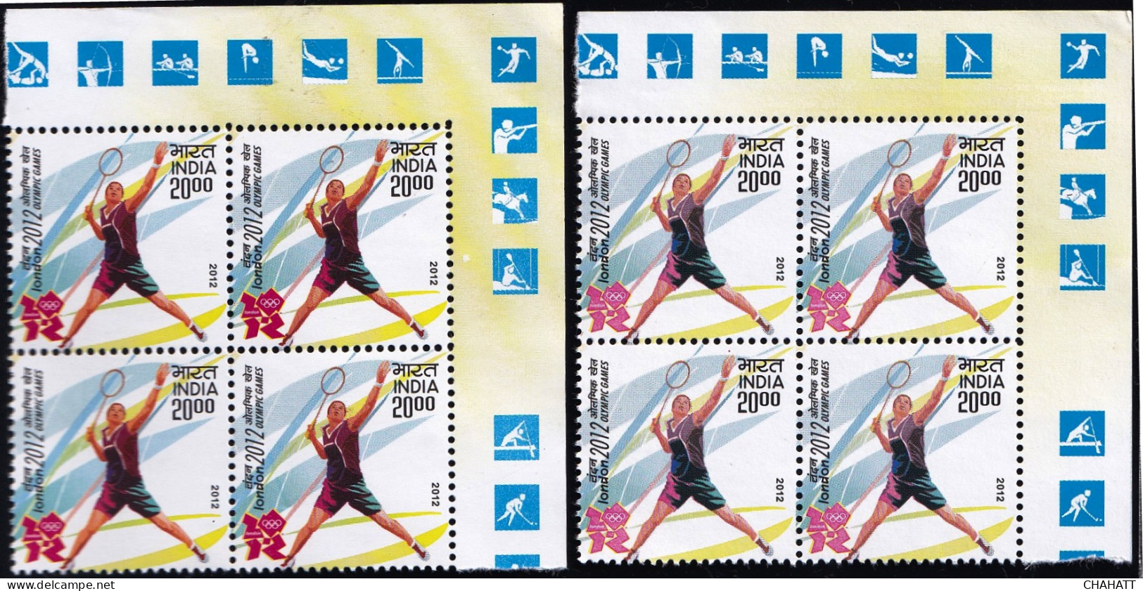 SPORTS- BADMINTON-ERROR-TWO BLOCKS OF 4 - DRY PRINT- INDIA-2012-MNH-PA12-82 - Errors, Freaks & Oddities (EFO)