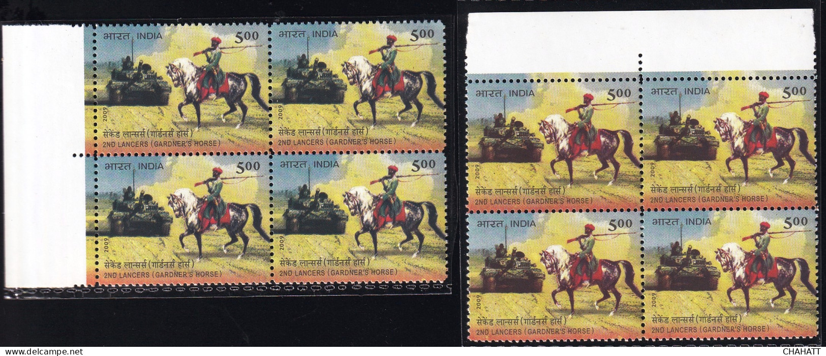 INDIAN ARMY- 2ND LANCERS- HORSES- BATTLE TANKS-CAVALRY-2 X BLOCKS OF 4- COLOR VARIETY-INDIA -ERROR-MNH-PA12-68 - Abarten Und Kuriositäten