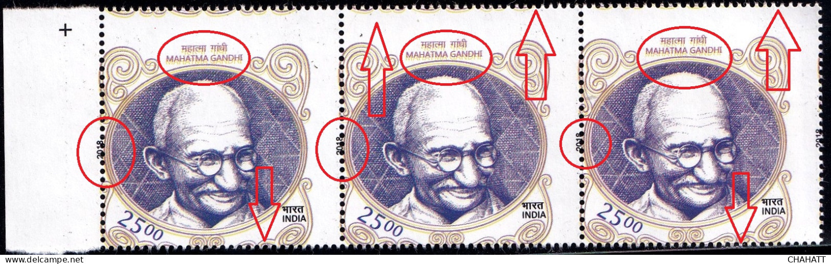 GANDHI-2500p- STRIP OF 3- PERFORATION AND YELLOW SHIFT IN ALL STAMPS-INDIA-2018-MNH-PA12-75 - Variétés Et Curiosités