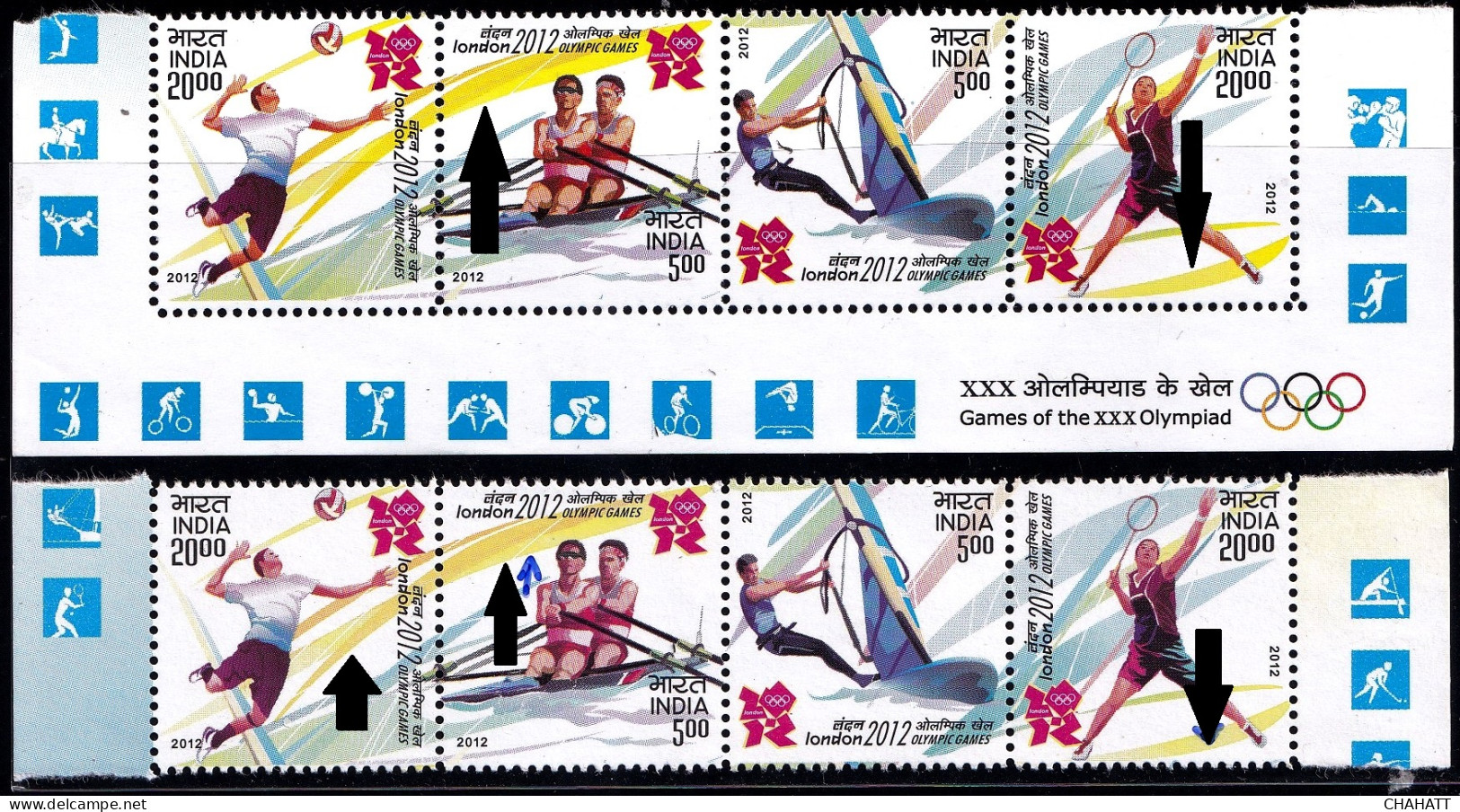 SPORTS- BADMINTON- VOLLEYBALL-SAILING-CANOEING- 2-SETENANT STRIPS- YELLOW DRY PRINT-INDIA-2012-MNH-PA12-77 - Variétés Et Curiosités