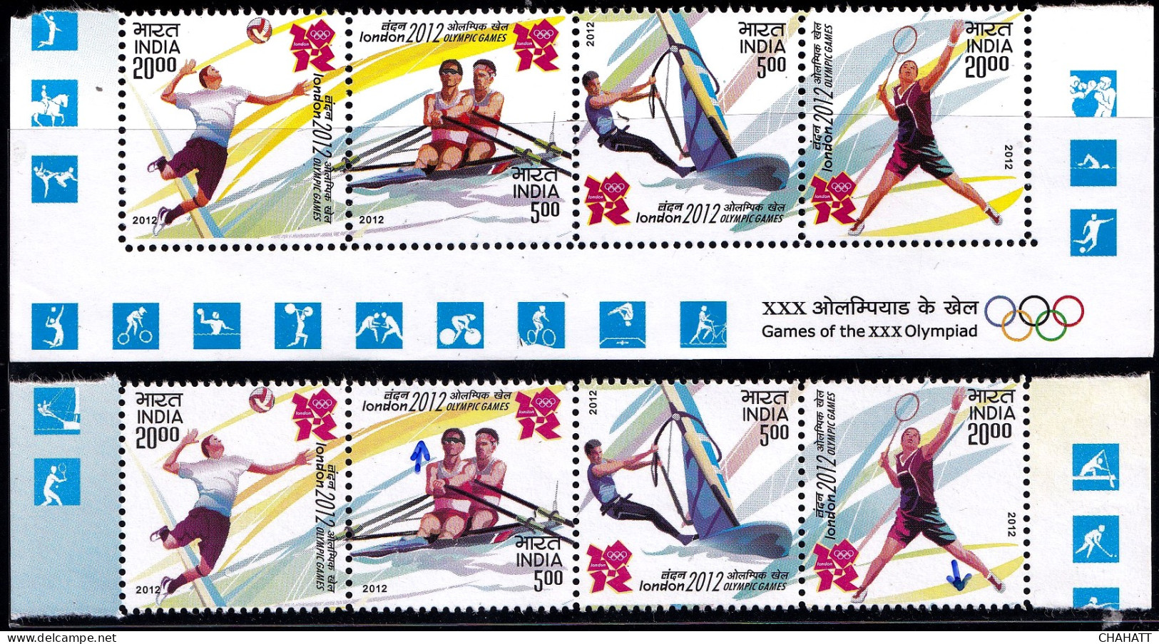 SPORTS- BADMINTON- VOLLEYBALL-SAILING-CANOEING- 2-SETENANT STRIPS- YELLOW DRY PRINT-INDIA-2012-MNH-PA12-77 - Abarten Und Kuriositäten