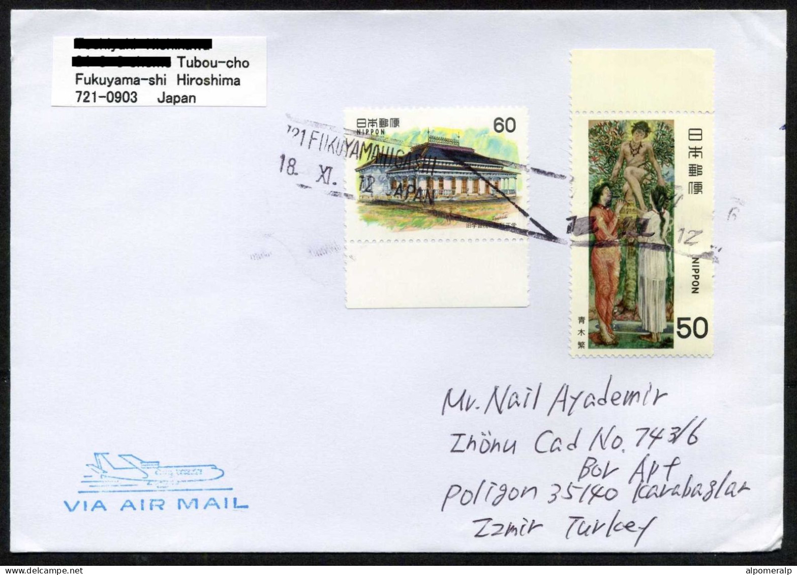 Japan, Fukuyama-Shi Hiroshima 18/XI/12 Air Mail Cover Used To İzmir | Mi 1390, 1558 Architecture, Paintings - Lettres & Documents