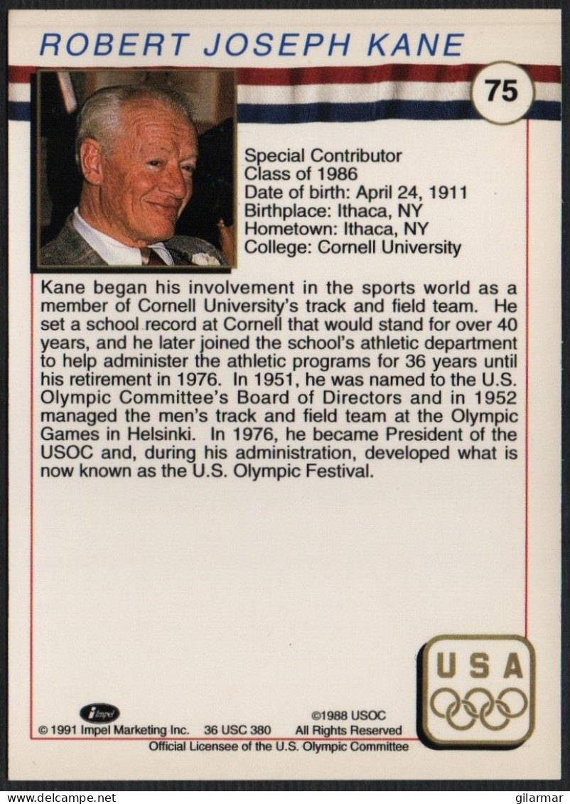 UNITED STATES - U.S. OLYMPIC CARDS HALL OF FAME - SPECIAL CONTRIBUTOR - ROBERT J. KANE - TRACK & FIELD - # 75 - Trading Cards