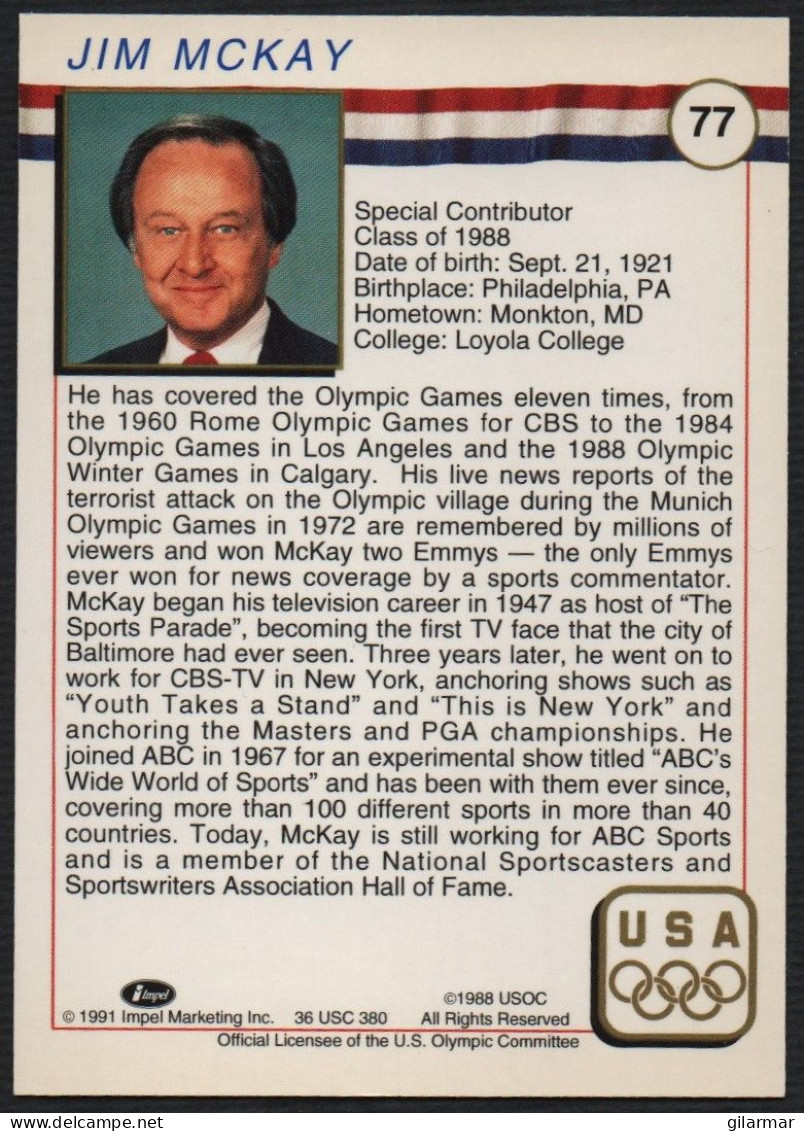 UNITED STATES - U.S. OLYMPIC CARDS HALL OF FAME - SPECIAL CONTRIBUTOR - JIM McKAY - SPORTS COMMENTATOR - # 77 - Trading Cards