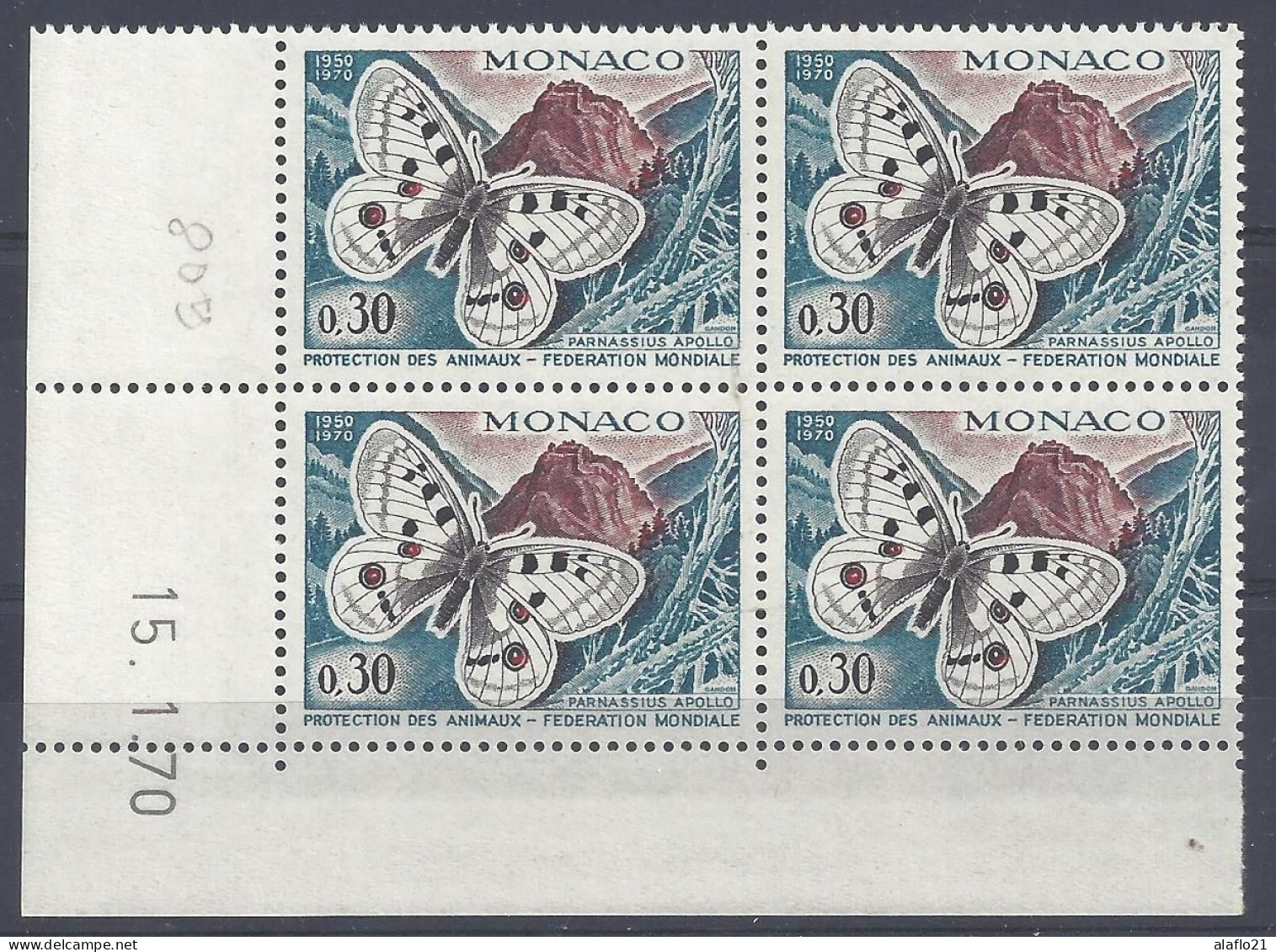 MONACO N° 809 - PAPILLON - BLOC De 4 COIN DATE - NEUF SANS CHARNIERE - 15/1/70 - Unused Stamps