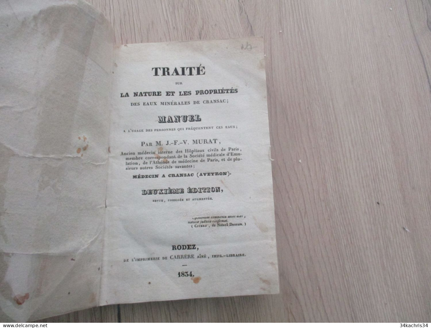 Rodez 1837 Rare 2ème édition  Traité Sur La Nature Et Les Propriétés Des Eaux Minérales De Cransac Par Murat 107p - Languedoc-Roussillon