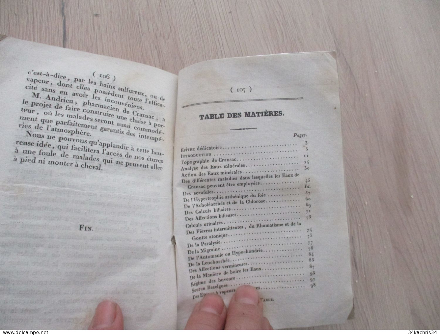 Rodez 1837 rare 2ème édition  traité sur la nature et les propriétés des eaux minérales de Cransac par Murat 107p