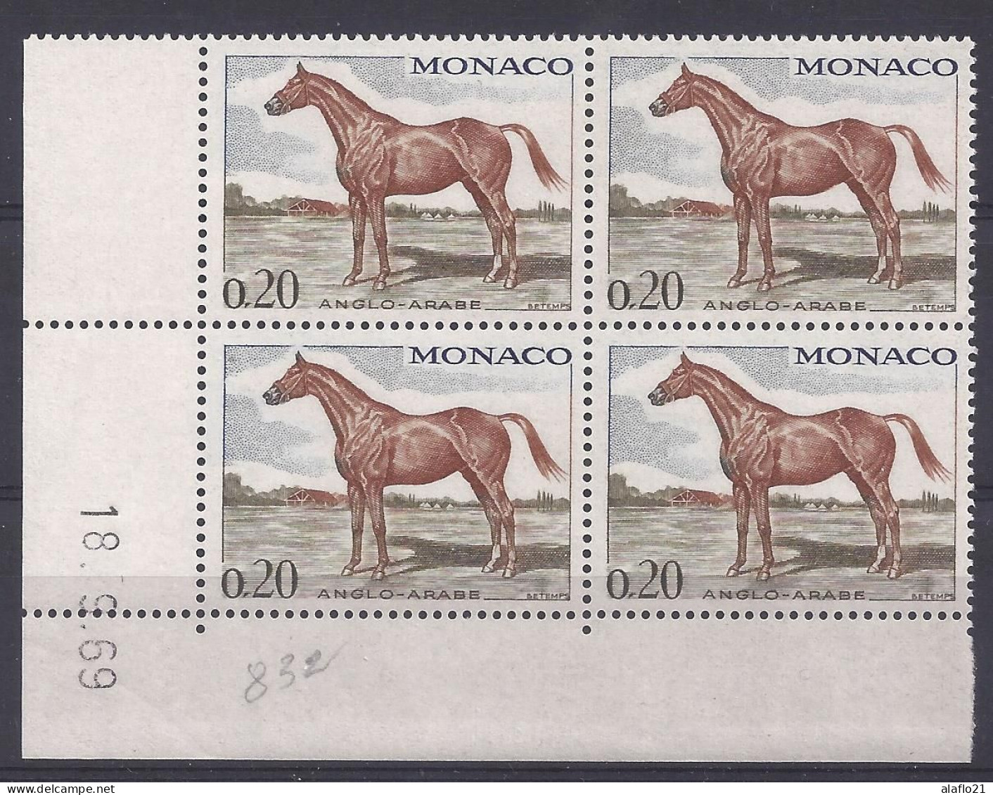 MONACO N° 832 - CHEVAL ANGLO-ARABE - BLOC De 4 COIN DATE - NEUF SANS CHARNIERE - 18/9/69 - Unused Stamps