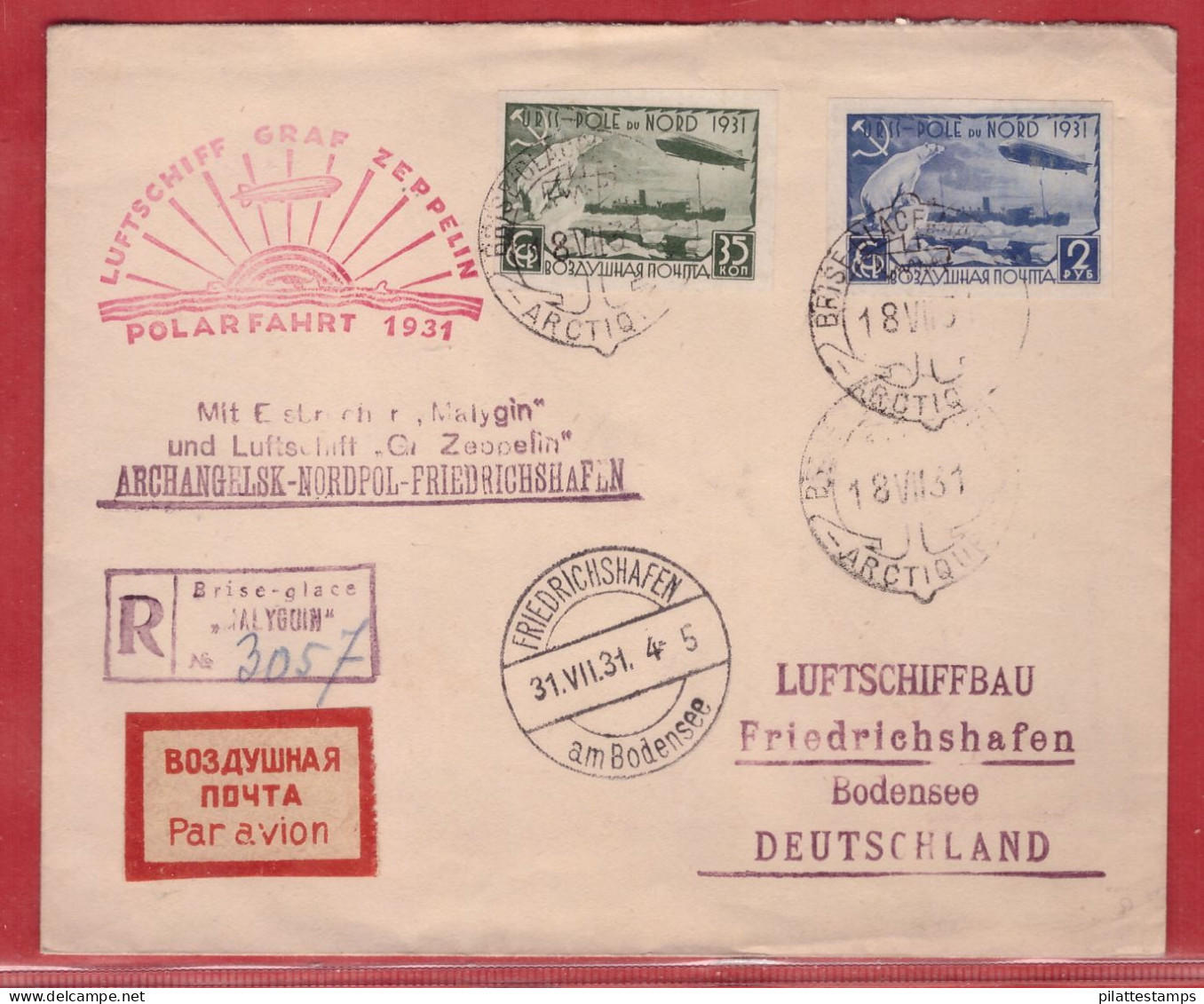 RUSSIE ZEPPELIN LETTRE DE 1931 DE ARCHANGELSK VIA BRISE GLACE MALIGUIN POUR FRIEDRICHSHAFEN ALLEMAGNE - Brieven En Documenten