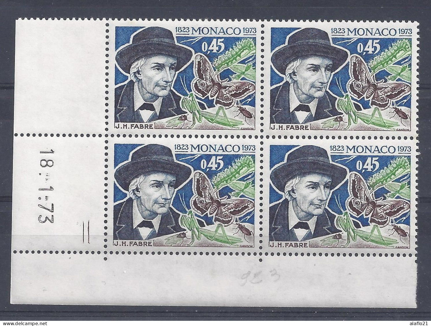 MONACO N° 923 - J. H. FABRE - BLOC De 4 COIN DATE - NEUF SANS CHARNIERE - 18/1/73 - 2 Traits - Unused Stamps