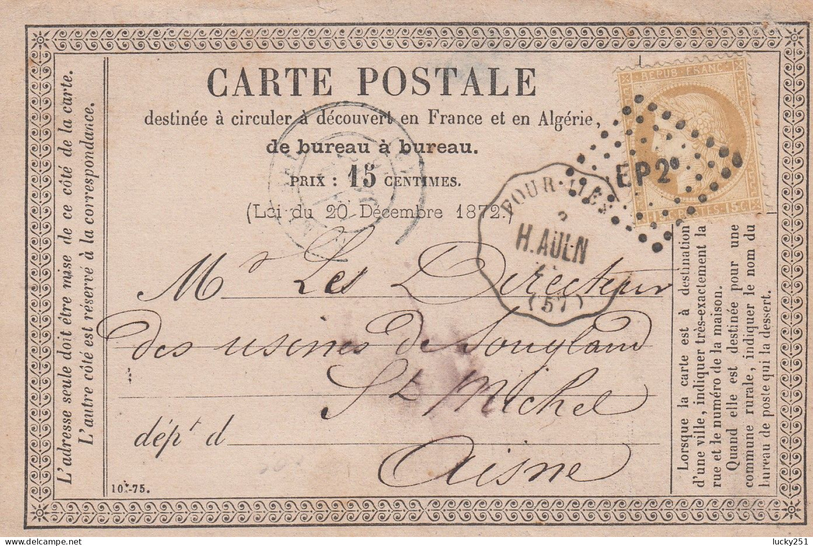 France - C.P. - Oblitération  Losange Ambulant EP2e  Sur Type Cérès N°YT 55 + Cachet Convoyeur Station - 1871-1875 Ceres