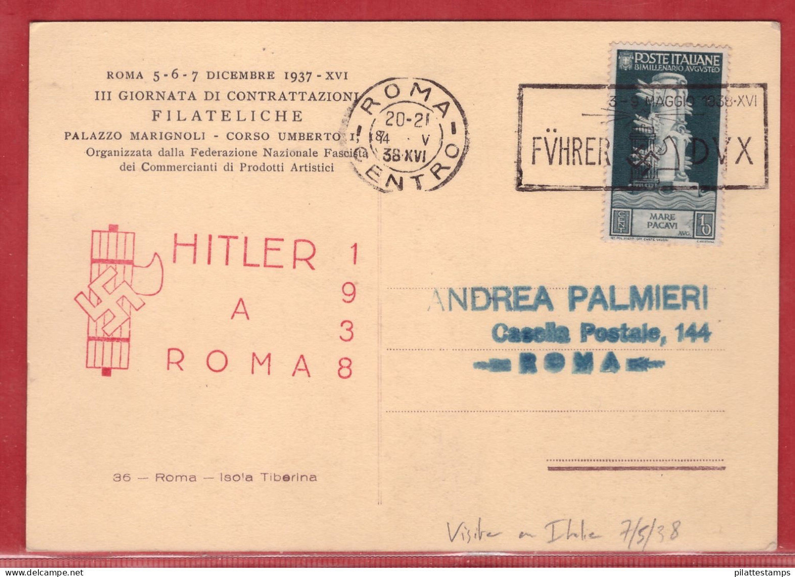 ITALIE CARTE DE LA VISITE DU SEJOUR DU CHANCELIER ALLEMAND DE 1938 DE ROME - Marcofilía (Zeppelin)