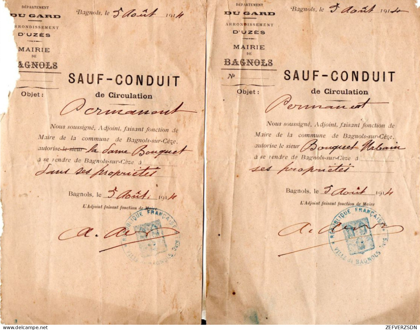 30 BAGNOLS SUR CEZE SAUF CONDUIT UZES LAISSER PASSER GUERRE 1914 - Other & Unclassified