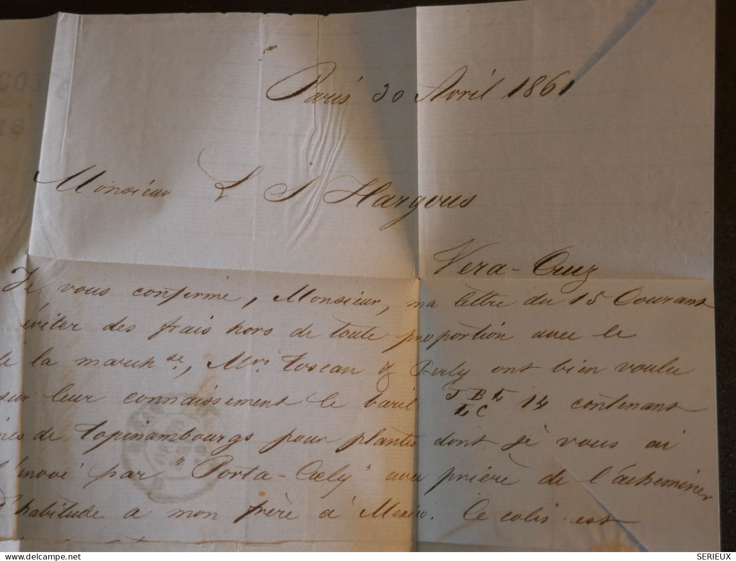 BR1 FRANCE BELLE LETTRE RRR EN PORT PAYé  1861 PARIS A VERA CRUZ MEXIQUE +LOS. BATON SUR N°17 + AFFR. PLAISANT+++ - 1853-1860 Napoleon III