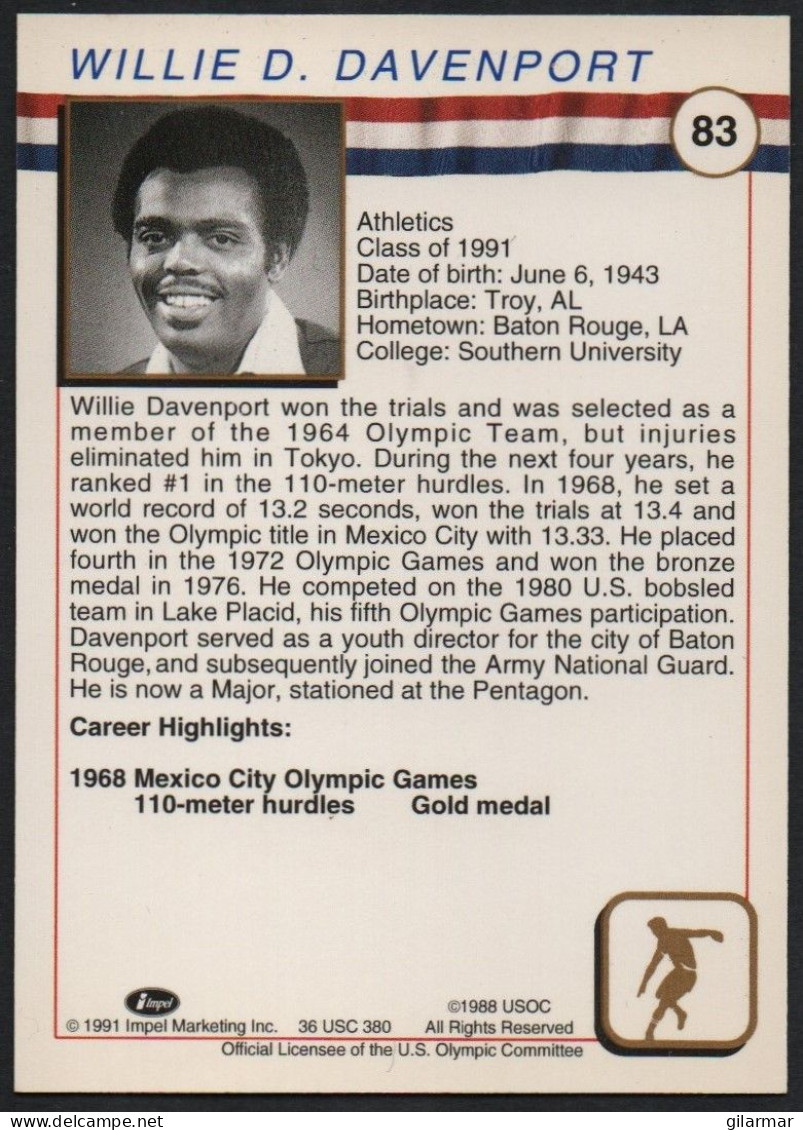 UNITED STATES - U.S. OLYMPIC CARDS HALL OF FAME - ATHLETICS - WILLIE DAVENPORT - 110 Mt HURDLES - # 83 - Trading Cards