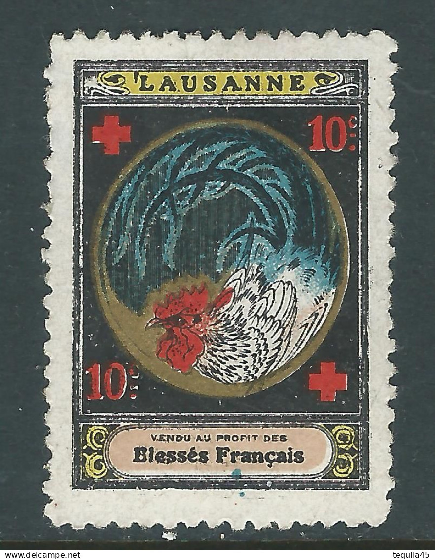 VIGNETTE CROIX-ROUGE DELANDRE - FRANCE Comité LAUSANNE Suisse Coq 1916 17 WWI WW1 Cinderella Poster Stamp 1914 1918 War - Croix Rouge