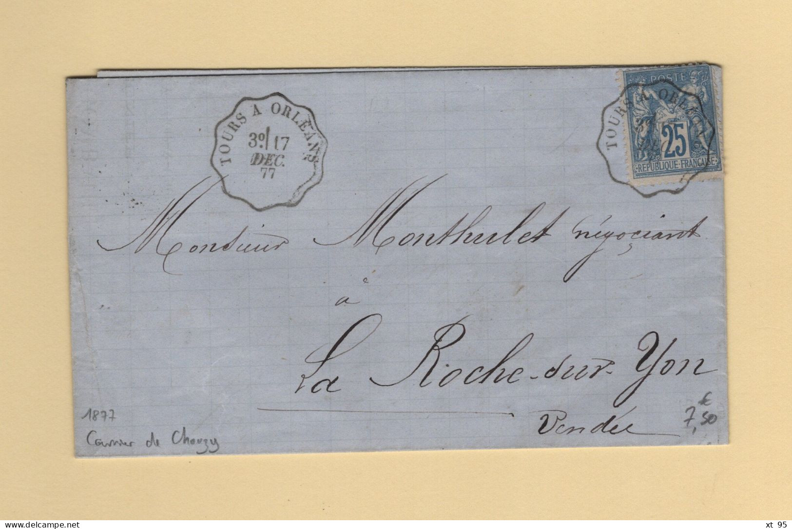 Convoyeur - Tours A Orleans - 1877 (date Rare) - Courrier De Chauzy - Correo Ferroviario