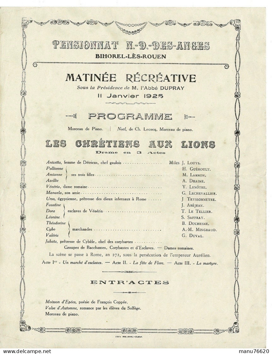 Programme 1925 : Très Rare !!! - Pensionnat Notre Dame Des Anges à Bihorel - Seine Maritime - Programmes