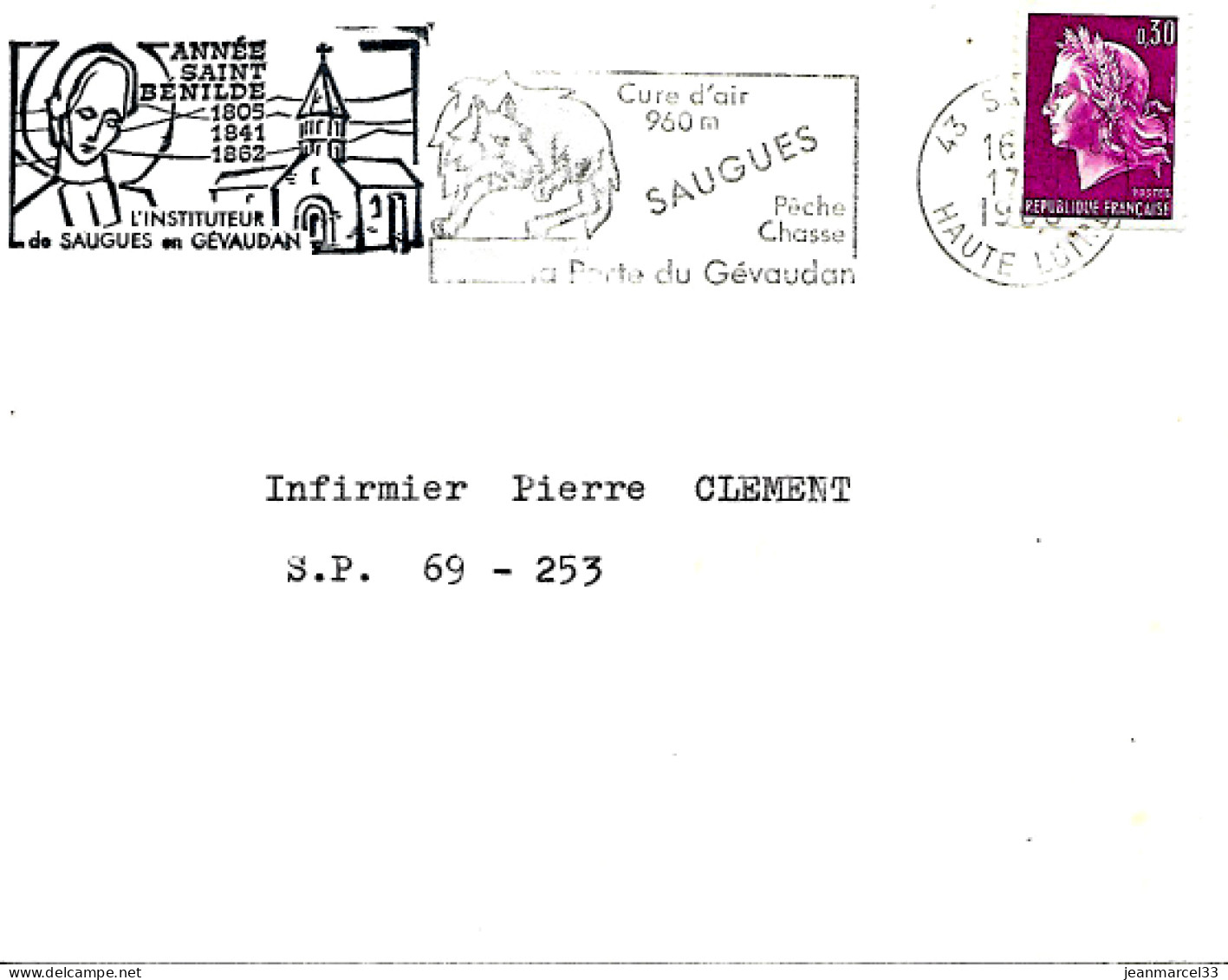 Curiosité Sur Lettre 43 Sauges 17-8 1966 Griffe Illustrée Apposé Par Le S I En Complèment De La Flamme - Cartas & Documentos