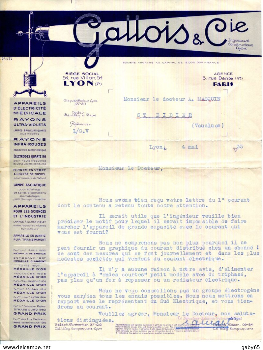 FACTURE.LYON.APPAREILS D'ELECTRICITE MEDICALE.RAYON U.VIOLET & I.ROUGE.GALLOIS & Cie INGENIEURS-CONSTRUCTEURS . - Electricidad & Gas